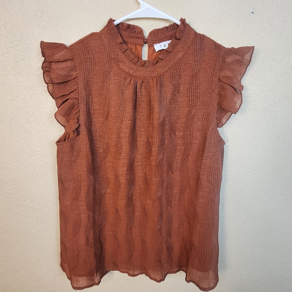 THML Rust Metallic Ruffled Short Sleeve Blouse Small (5872) - Picture 1 of 6